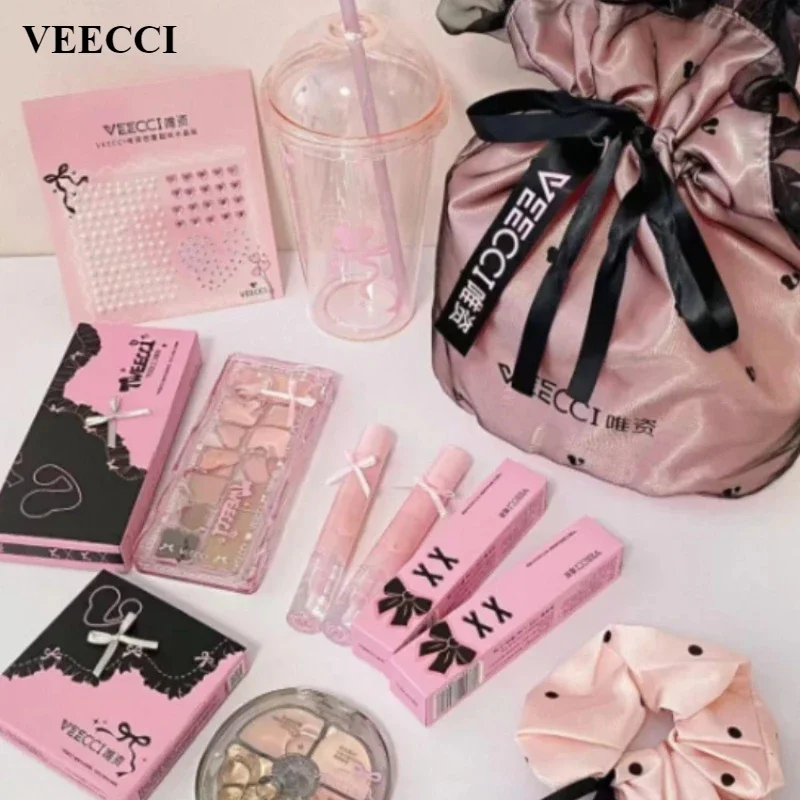VEECCI スイートスパイシーガールリボンシリーズギフトボックスメイクアップキット口紅アイシャドウコンシーラーヘアロープセットピンク繊細なかわいいメイク