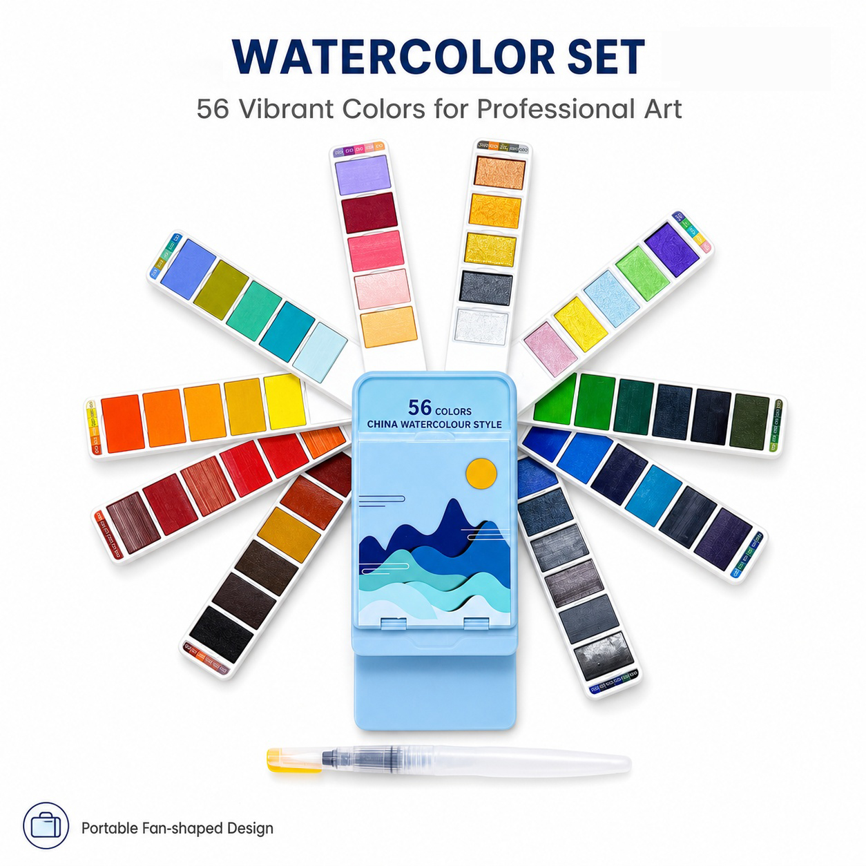 水彩絵の具セット、56色の手持ち水彩セット、水筆ペン、パレット、取り外し可能なスポンジ、ポータブル水彩