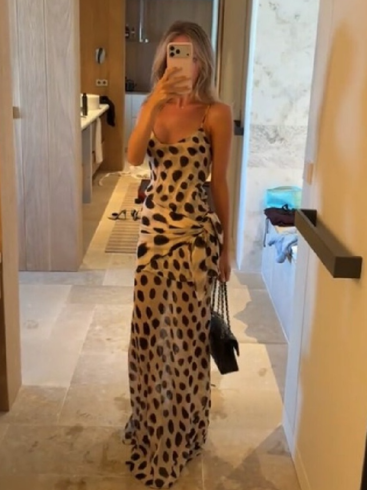 Sexy Polka Dot Print Sling Maxi Dress Women Fashion V-neck Spaghetti Strap Sleeveless Backless Dresses Summer Lady Vacation Robe