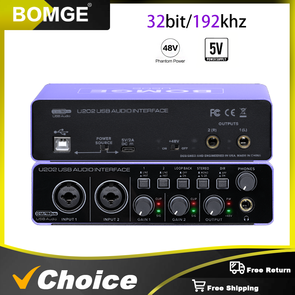 BOMGE U202-P USB オーディオインターフェイス 32 ビット/192kHz 解像度、マイクプリアンプ付き XLR/TSR/TS ポート、48V、ストリーミング、ポッドキャスティング用