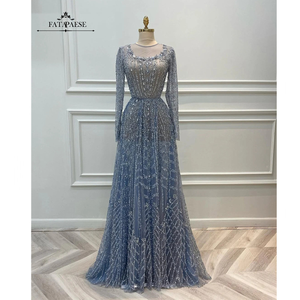 FATAPAESE オートクチュール高級イブニングドレスグリッタービーズクリスタルフルスリーブイスラム教徒のプロムドレス婚約アラビアドバイ