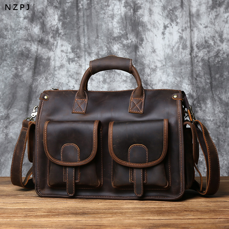 NZPJ ヴィンテージ本革メンズブリーフケースクレイジーホースハンドバッグ天然牛革トラベルバッグカジュアルショルダークロスボディバッグ
