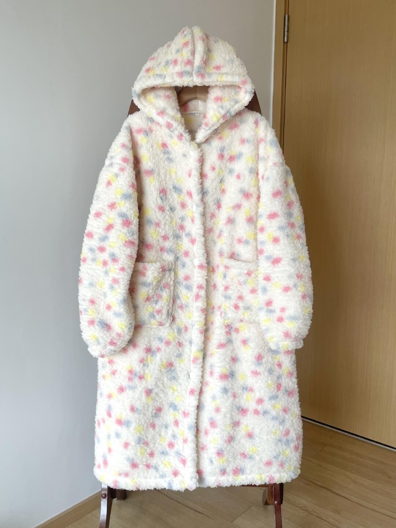 水玉パジャマセットローブ女性パジャマ冬寝間着ナイトウェア暖かいフリースワンピースネグリジェフード付き睡眠ホームウェア