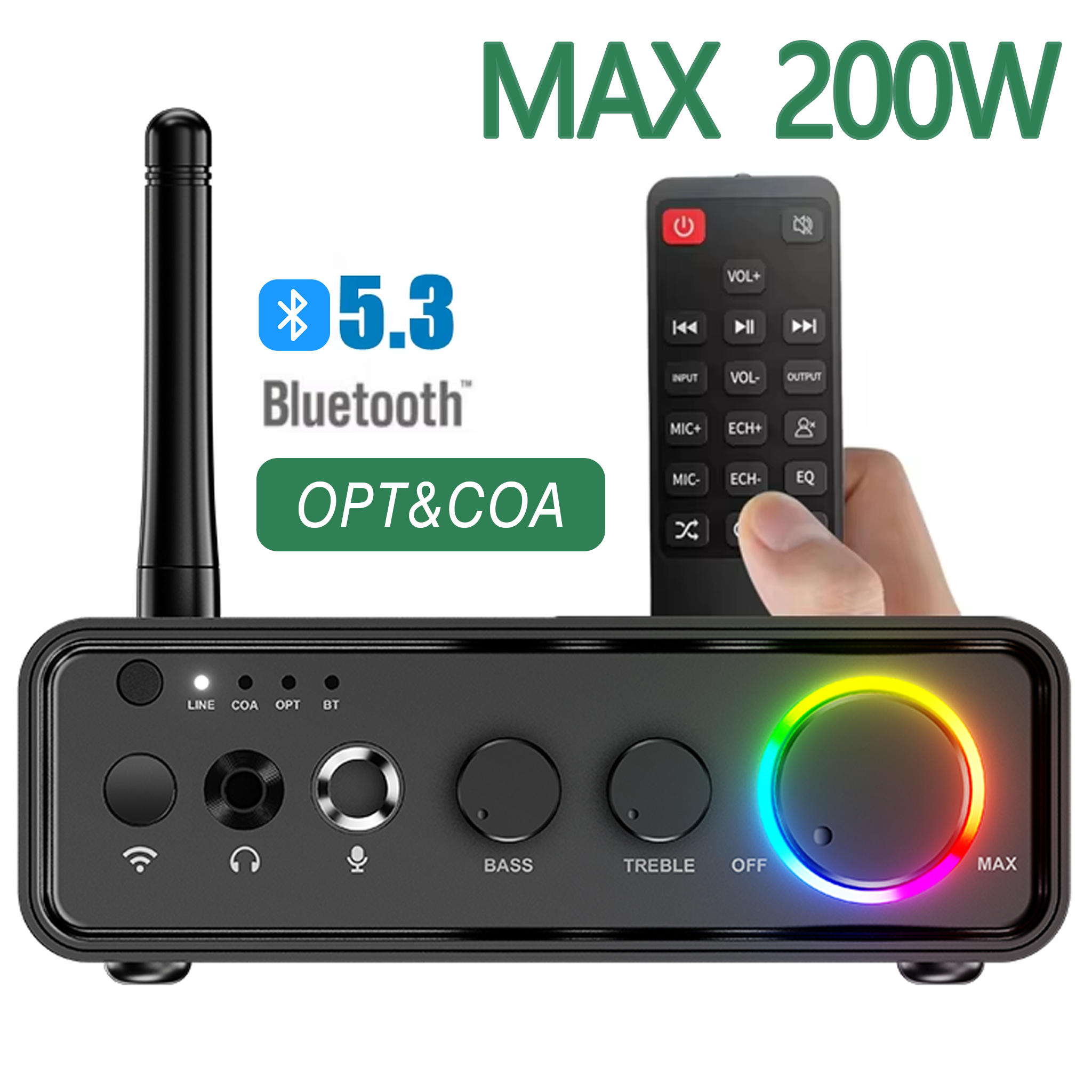 Bluetooth 5.3 ミニ TPA3116D2 クラス D パワーアンプ 2.0 オーディオアンプ 100Wx2 200W マイク付き光同軸入力