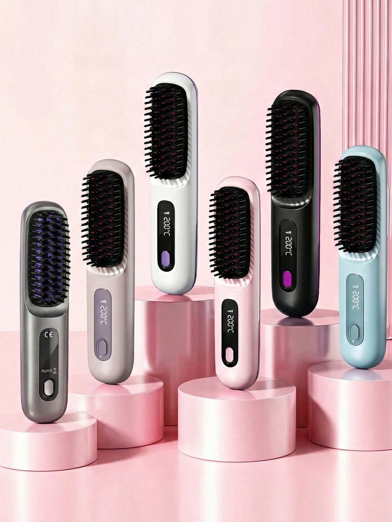 女性用ワイヤレスポータブルヘアストレートナー、USB充電式マイナスイオン熱風ストレートブラシ、効果的に縮れを滑らかにし、髪に光沢と柔らかさを与え、火傷防止デザイン、3つの温度設定、