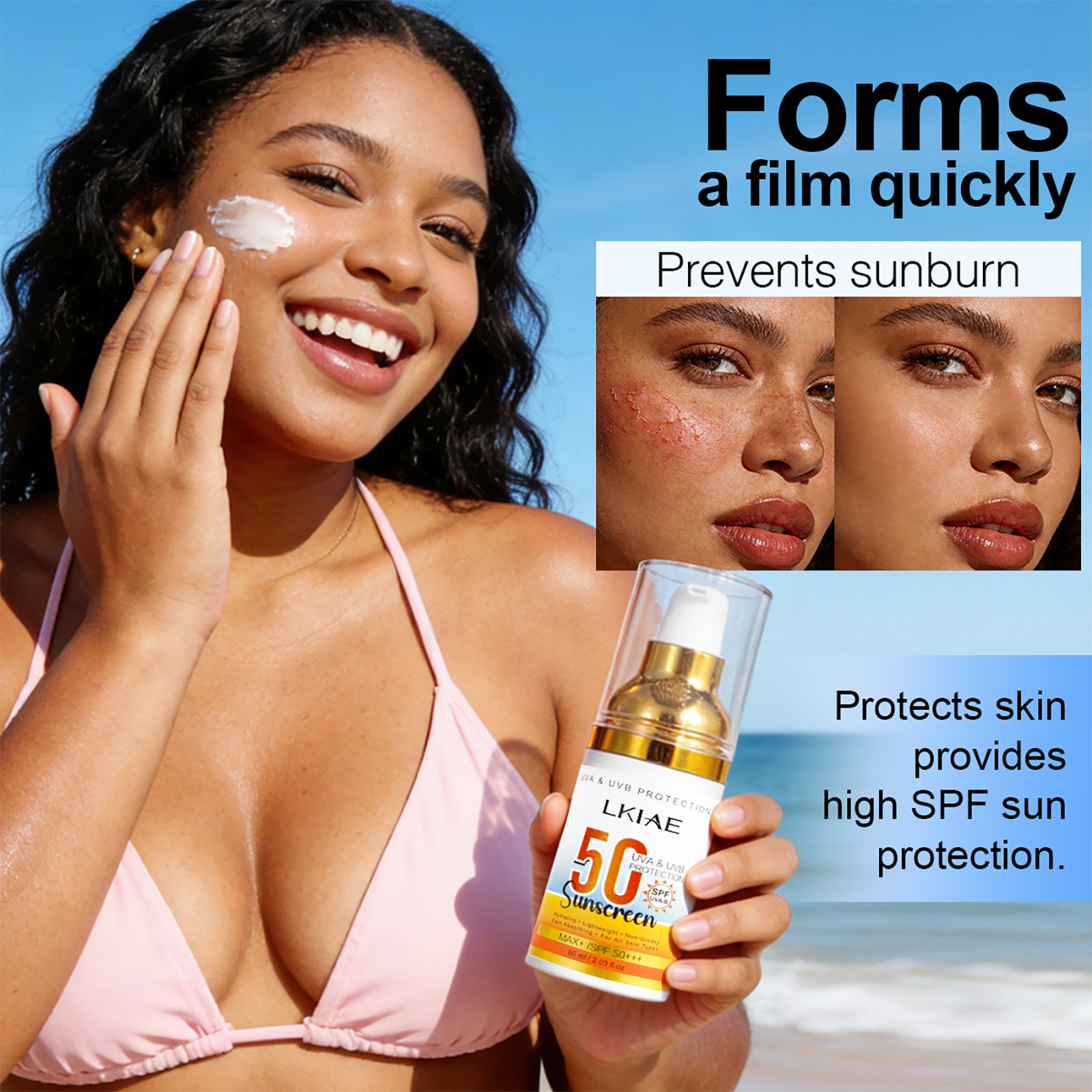 LKIAE Spf 50 日焼け止め、UVA、UVB 保護、日焼け、肌の黒ずみ、色素沈着、しわ防止、アロエベラ配合
