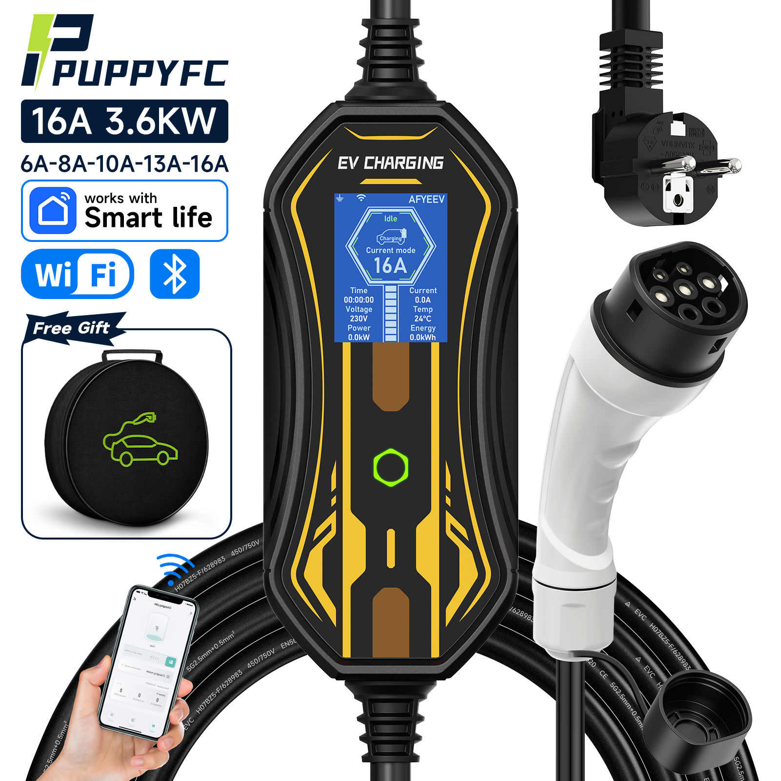 Puppyfc 3.6KW 16A Protable EV 充電器、電気自動車充電用 Type2/Type1/GBT 充電器 3.5M ウォールボックス WIFI APP 制御