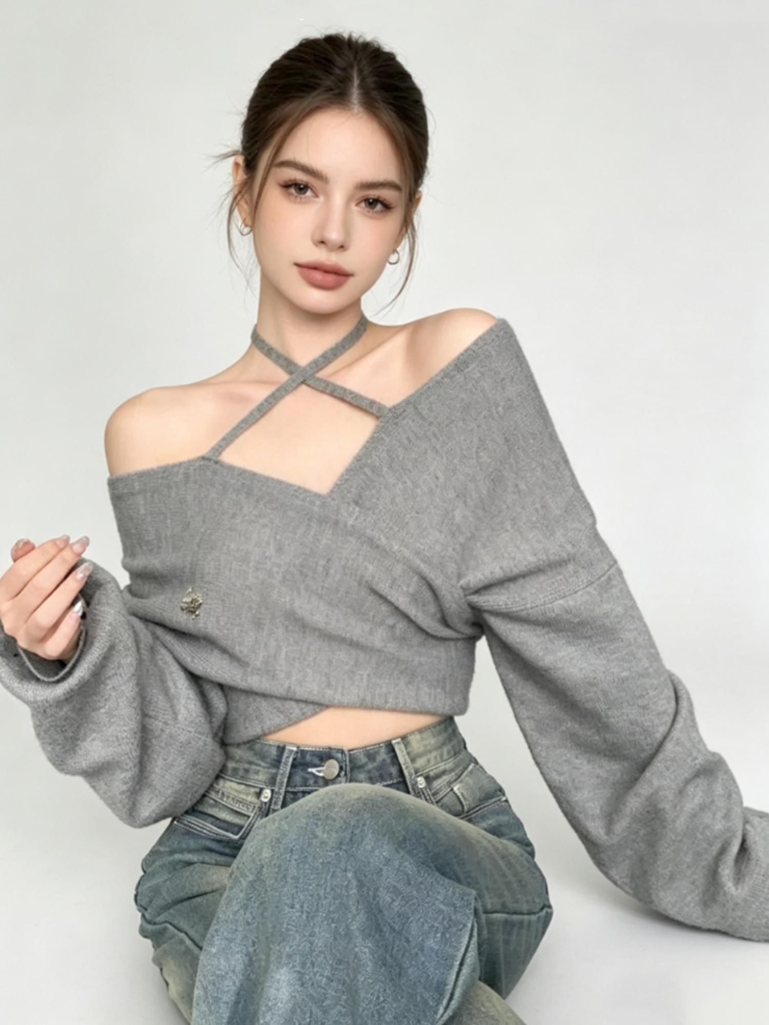 女性グレーオフショルダーホルターオフショルダーセーターニット Y2k ギャルヴィンテージクロップドニットプルオーバートップ女性のための秋冬