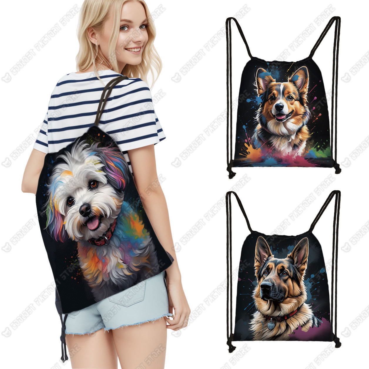 水彩画犬巾着バッグジャーマンシェパードバックパックシーズーの靴収納パグ犬バッグランドセル靴ホルダー