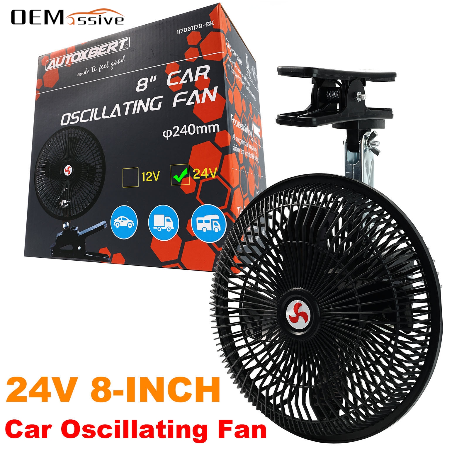 24V 8 ''夏ポータブル回転式車のトラック冷却振動ファン天井旅行調節可能なクリップオン自動電気クーラー 8 インチ