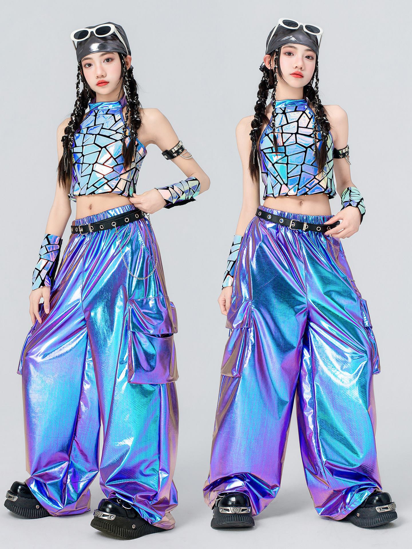 女の子ジャズダンス服ブルーミラー Ctop トップスカーゴパンツ Kpop ヒップホップダンスパフォーマンス摩耗コンサートステージ衣装 BL19458