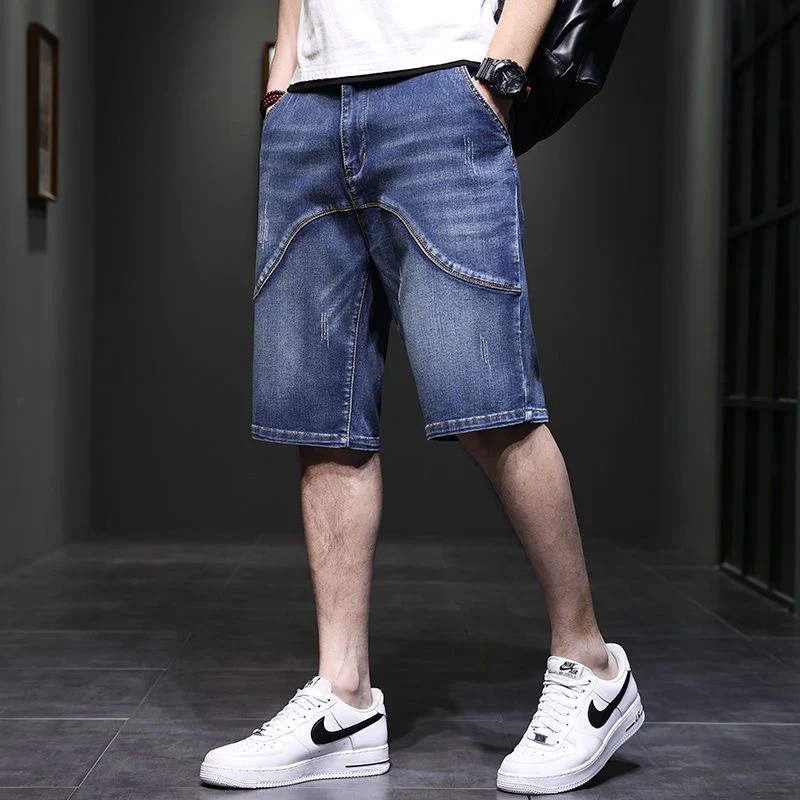 2026 スプライスデニムショートパンツ男性ストレッチルーズプラスサイズカジュアルジーンズ夏男性軽量快適な通気性ショーツ