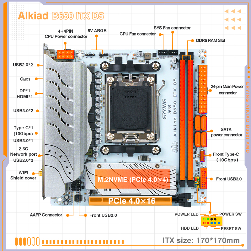 ERYING AM5 マザーボードは、AMD Ryzen 7000 シリーズ CPU プロセッサ DDR5 デュアル チャネル メモリ RAM ITX B650i 2*Pcie4.0x4 M.2 NVME をサポートしています。