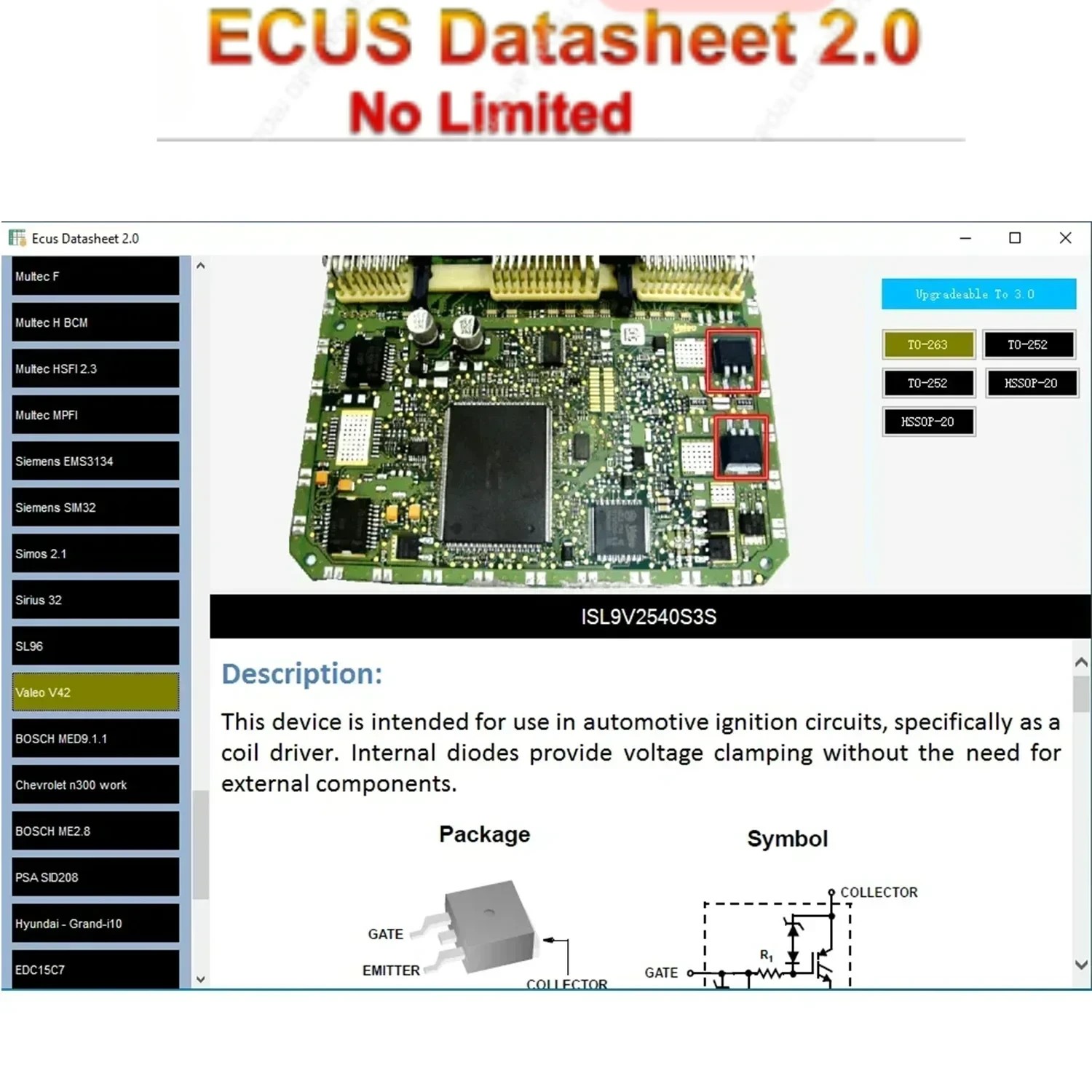 Ecus データシート 2.0 ECU 修理ソフトウェア車の ECU の電子コンポーネントを含む PCB 回路図と追加情報