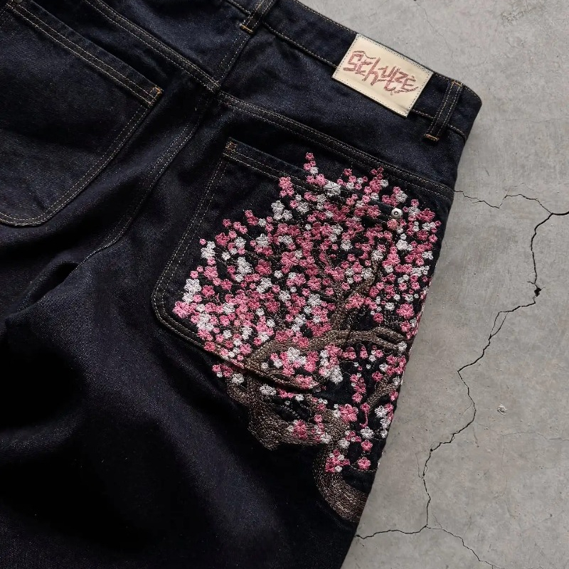 Y2K Baggy Jeans Cherry Blossom Embroidery Denim Pants Men Women American Hiphop Streetwear Wide Leg Denim Trousers