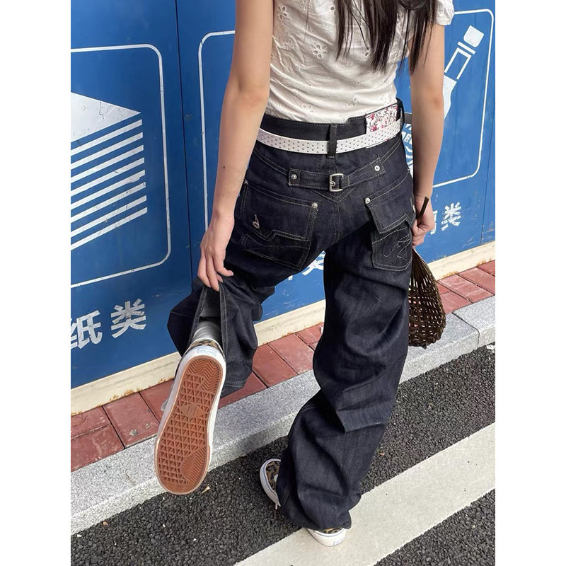 YIBASHU 春 レディース バギー ジーンズ Y2k 日本のストリートウェア ヴィンテージ ブルー デニム パンツ ワイド フィット グランジ 原宿 カウボーイ 2000 年代 シック