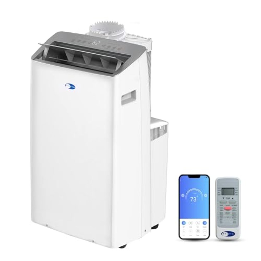 家庭用冷却、除湿、扇風機用のポータブルエアコン。白色の ABS プラスチック。スマートWi-Fiコントロール。 14,000BTU 12、