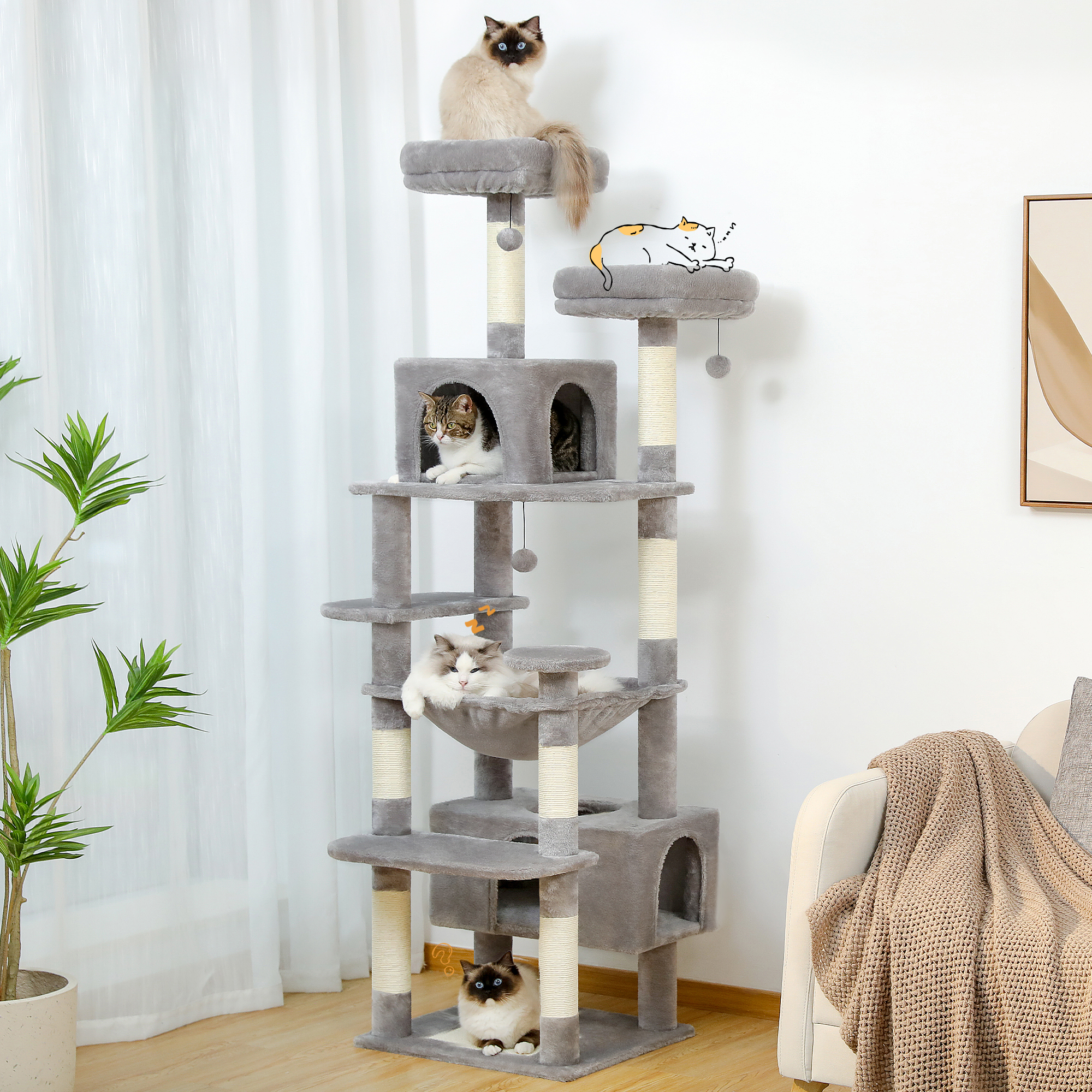 サイザル麻で覆われた爪とぎポスト付きの屋内猫用の大きなキャットツリーとタワー 広々としたハンモックパッド入りの止まり木とコンドミニアム猫のおもちゃ