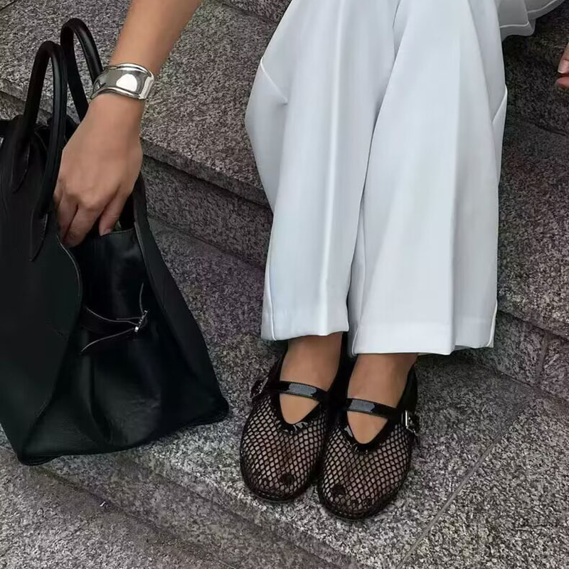 ファッション女性メッシュバレエファルトラウンドトゥバックルストラップパンプス