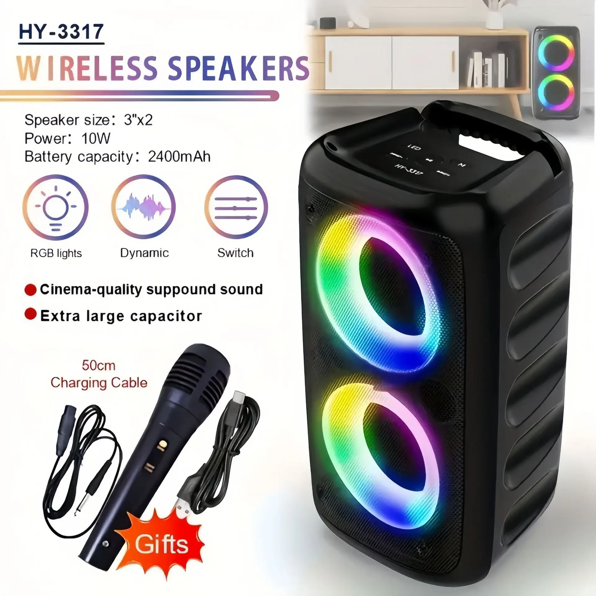 ワイヤレスカラオケ Bluetooth スピーカーサブウーファーポータブルマイク付き FM ラジオ LED ランプ TWS サウンドボックス音楽マシン Caixa De Som