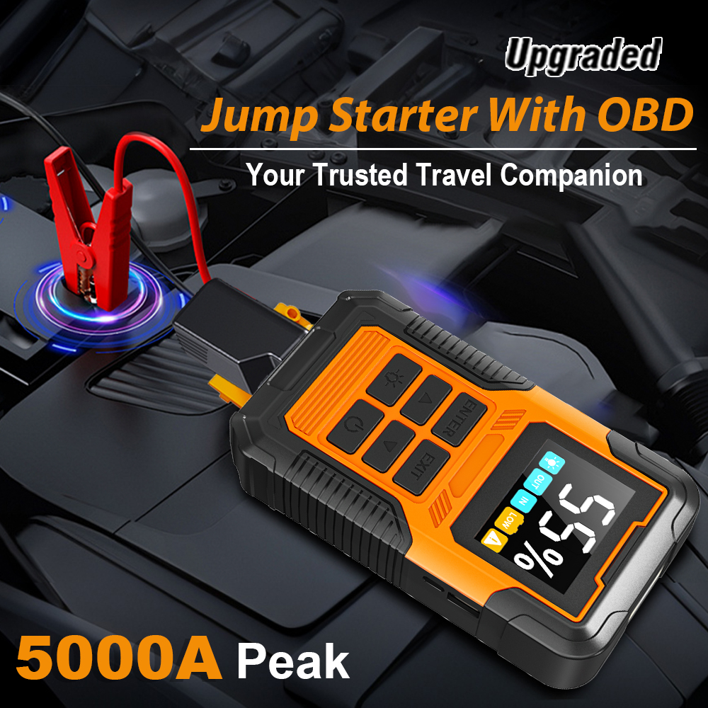 5000A Car Jump Starter with Full OBD Diagnosis Car Battery Emergency Starting Device OBD2 Scanner Tool Outdoor Camping Lights