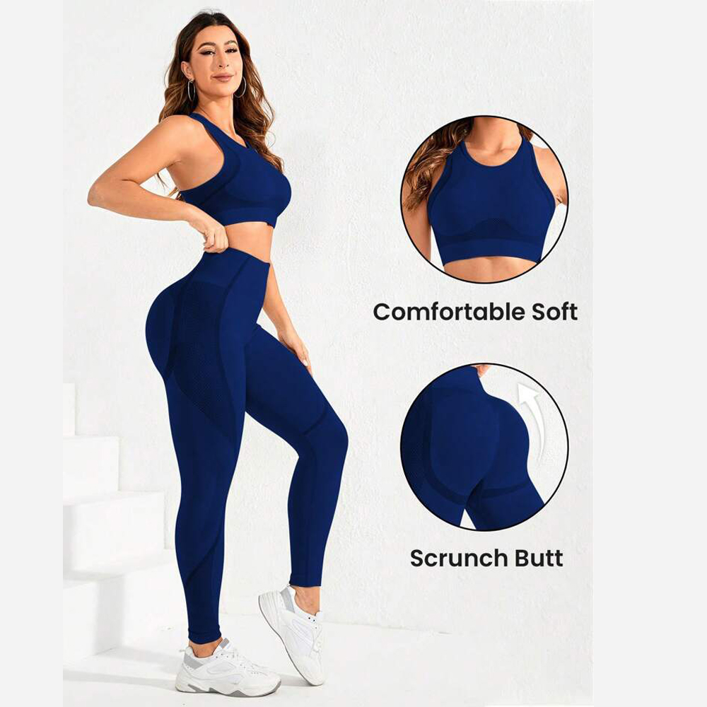 2ピーススーツ、女性用ヨガスーツ、美しいバックハイウエストパンツの組み合わせ、シームレスな超伸縮性の理想的なジム服