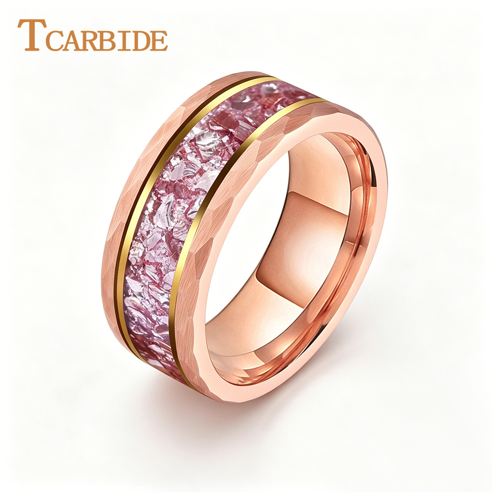 TCarbide 8 ミリメートル美しいピンクモルガナイトストーンインレイ結婚指輪男性女性タングステンハンマーリングコンフォートフィット