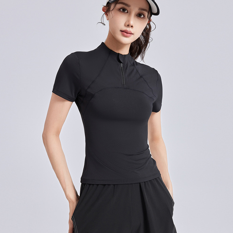新しい屋外女性のランニングヨガスーツ半袖 Tシャツ女性の痩身トップフィットネススーツハーフジップ襟 Y2k トップ
