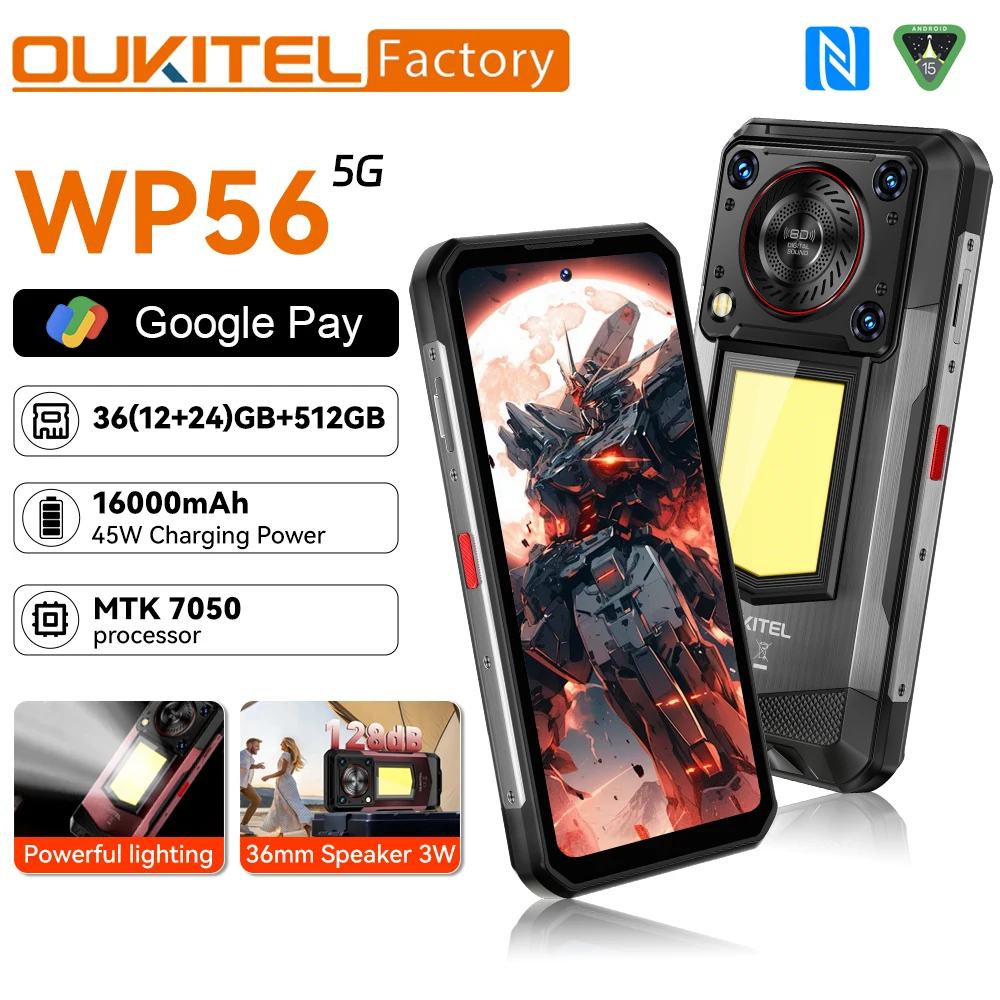 グローバルバージョン OUKITEL WP56 スマートフォン 5 グラム MTK7050 6.8 "FHD 120Hz ディスプレイ携帯電話 36 ギガバイト 512 ギガバイト 16000mAh 45 ワット 32MP 108MP カメラ
