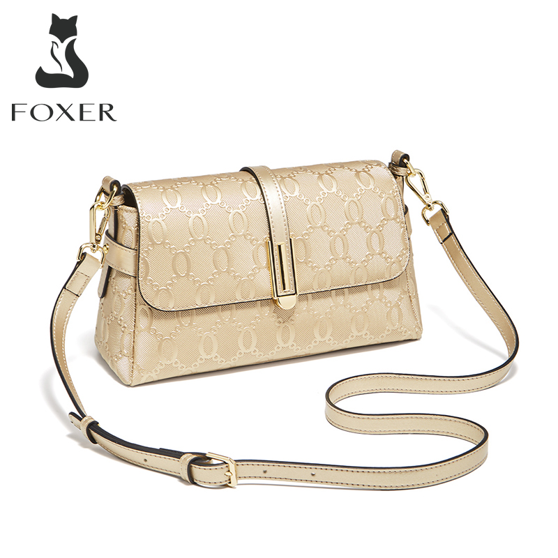 FOXER スプリットレザーの女性のショルダーバッグ高級女性クロスボディバッグファッションモノグラムゴールドエンボスバッグ通勤用