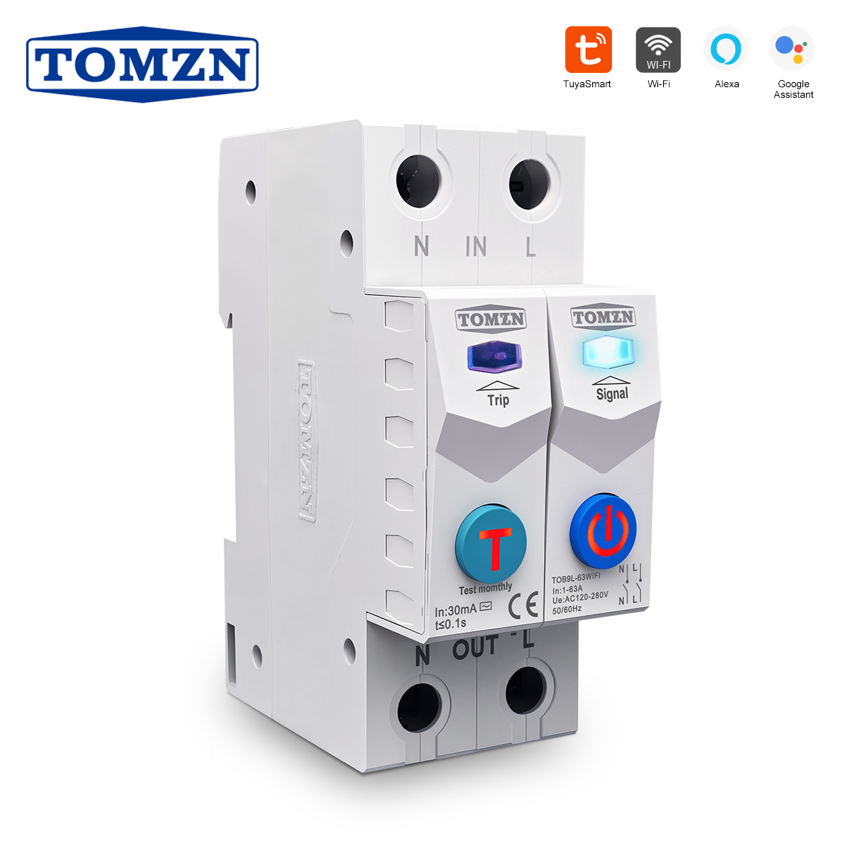 TOMZN TUYA 1-63A TOMZN 2P WIFI スマートスイッチエネルギーメーターサーキットブレーカー電圧電流漏れ保護リレーカットオフ L N