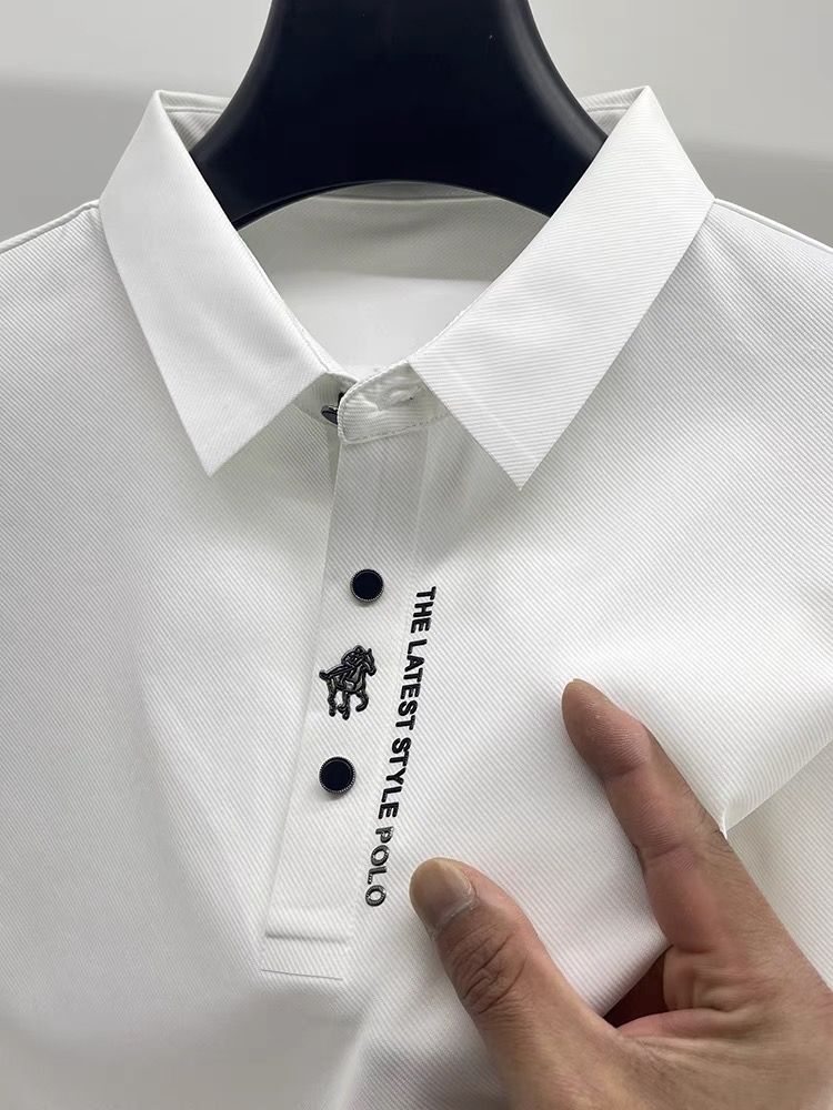 夏の新メンズビジネス半袖ポロシャツファッションカジュアル無地高品質レターオフセットプリント襟 Tシャツ
