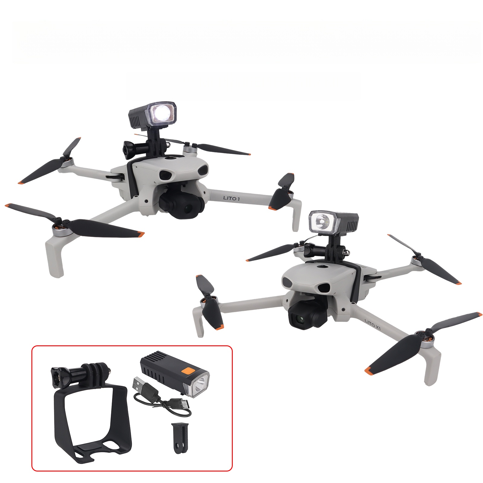 DJI Lito1 / X1対応、アクションカメラマウントホルダー付きドローン用LED夜間飛行ライト、スポットライト、サーチライト、3つの照明モード