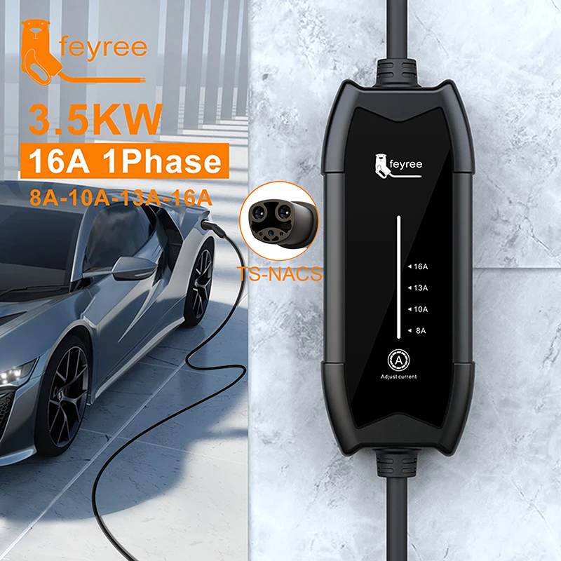 Feyree 3.5kW 16A 1 相調整可能な電流ポータブル EV 充電器急速充電 TS-NACS 充電器プラグ付きテスラ車に対応