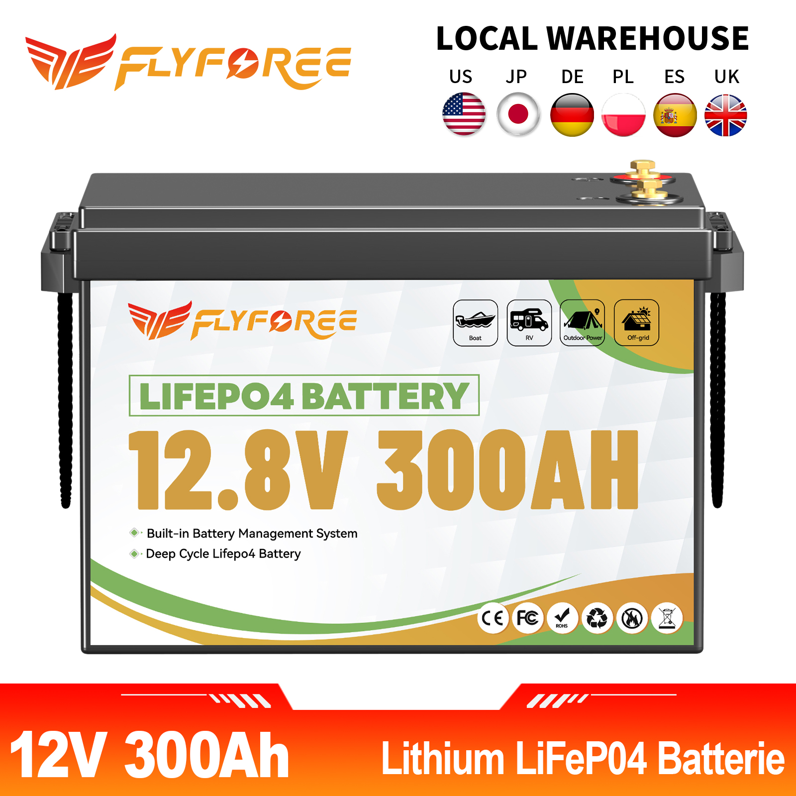FLLYROWER 12V 300Ah LiFePO4 リチウムバッテリーパック 200A BMS エネルギーディープサイクル付きオフグリッドキャンピングカーソーラーシステム RV ボート用