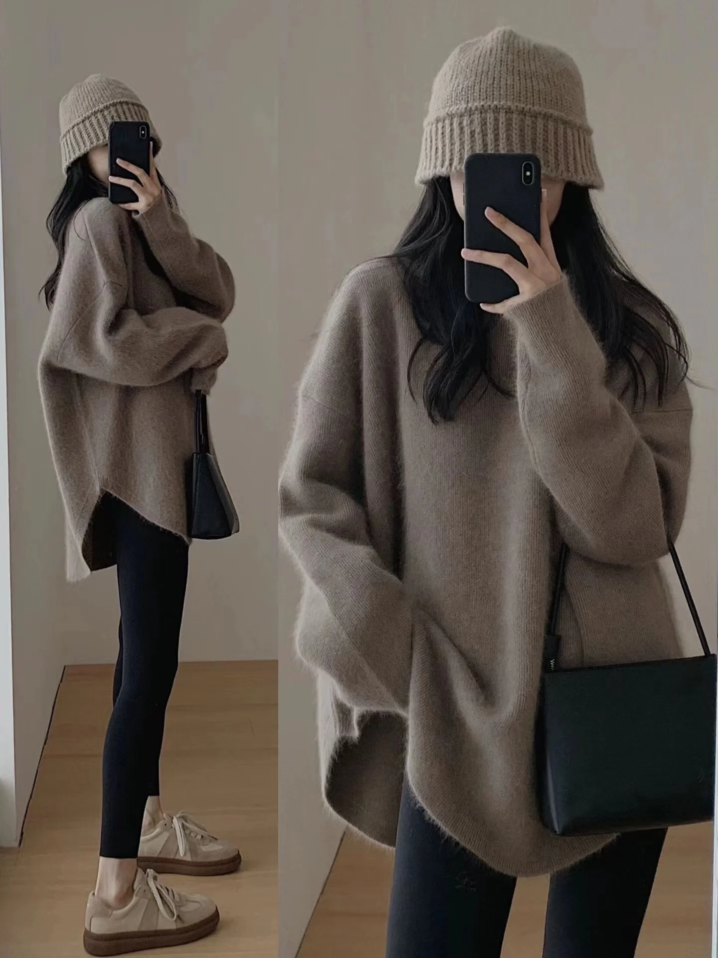 女性のレイジー風ジュンマウンテンカシミヤセーターラウンドネックルーズロング裾スプリットスカート肥厚ニット底市