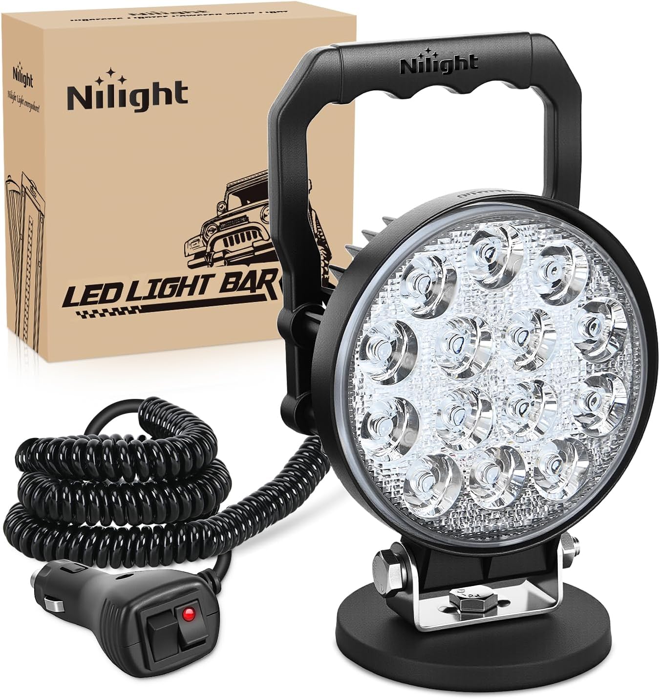 Nilight LEDライトバー 4.5インチ 42W ラウンド ポータブル フラッドポッド シガーライター 配線磁気ベース付き 14LED 霧運転 作業 ルーフ バンパー ライト トラック トラクター ゴルフ カート UTV用