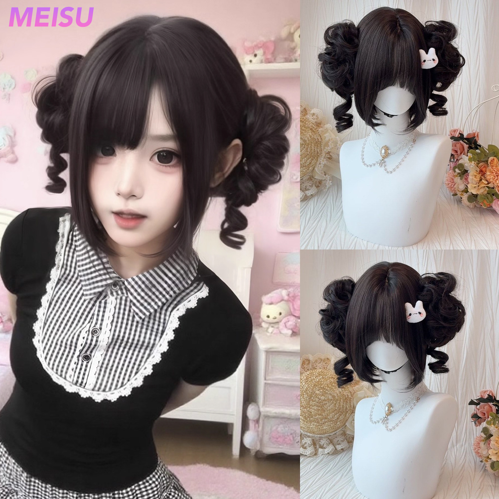 MEISU 8 インチロリータ 2 ポニーテールウィッグ黒合成繊維レイヤードヘア耐熱ナチュラルスムーズ Selfie パーティーコスプレ女性
