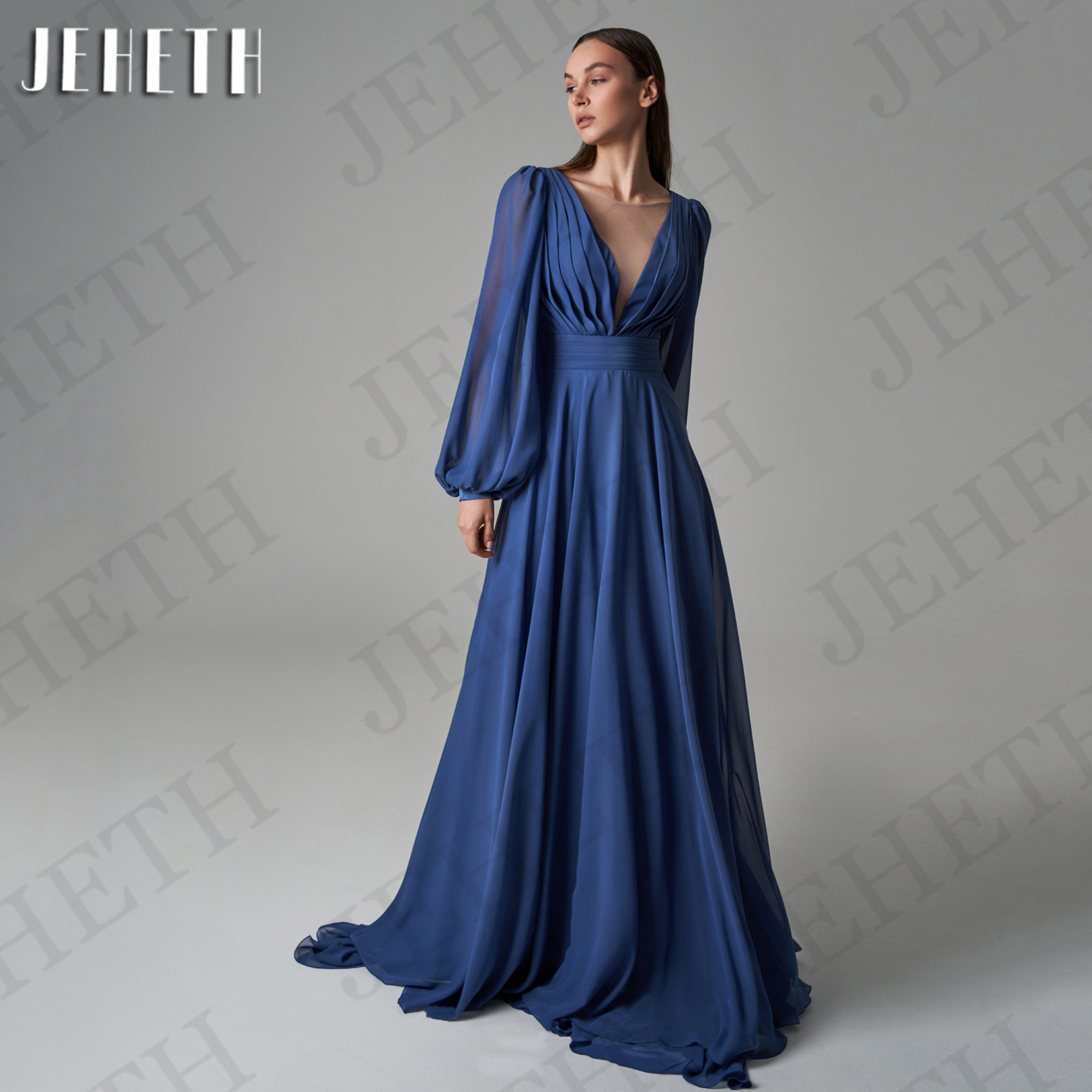 JEHETH 長袖イブニングドレス女性エレガントなシフォン A ラインパーティードレスロイヤルブルーカスタマイズ Vestidos Casamento Madrinha