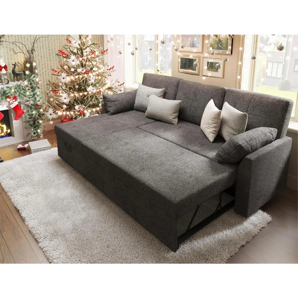 Sleeper Sofa Bed 2 in 1 Pull Out Couch with Storage Chaise for Living Room Grey Linen