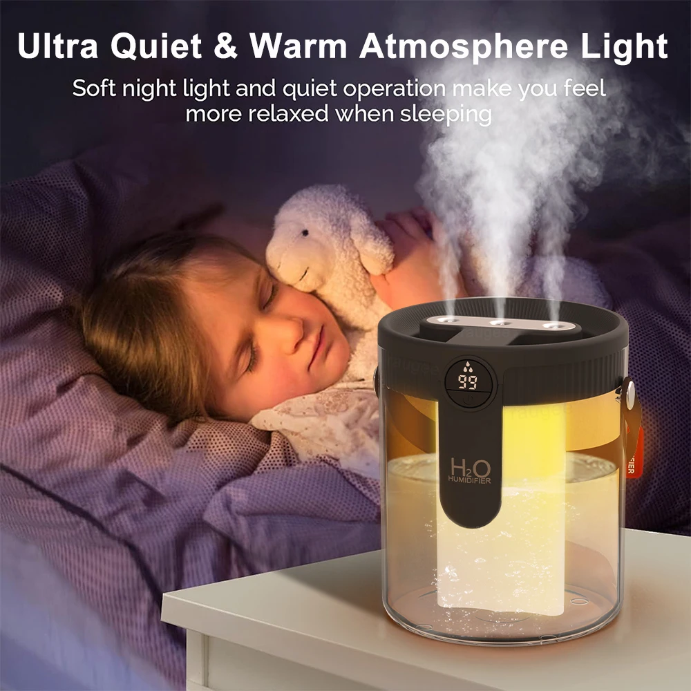 1.5L 空気加湿器 USB 充電式 1800mAh 大容量クールミスト加湿器 LED ライト付き家庭用寝室オフィス用