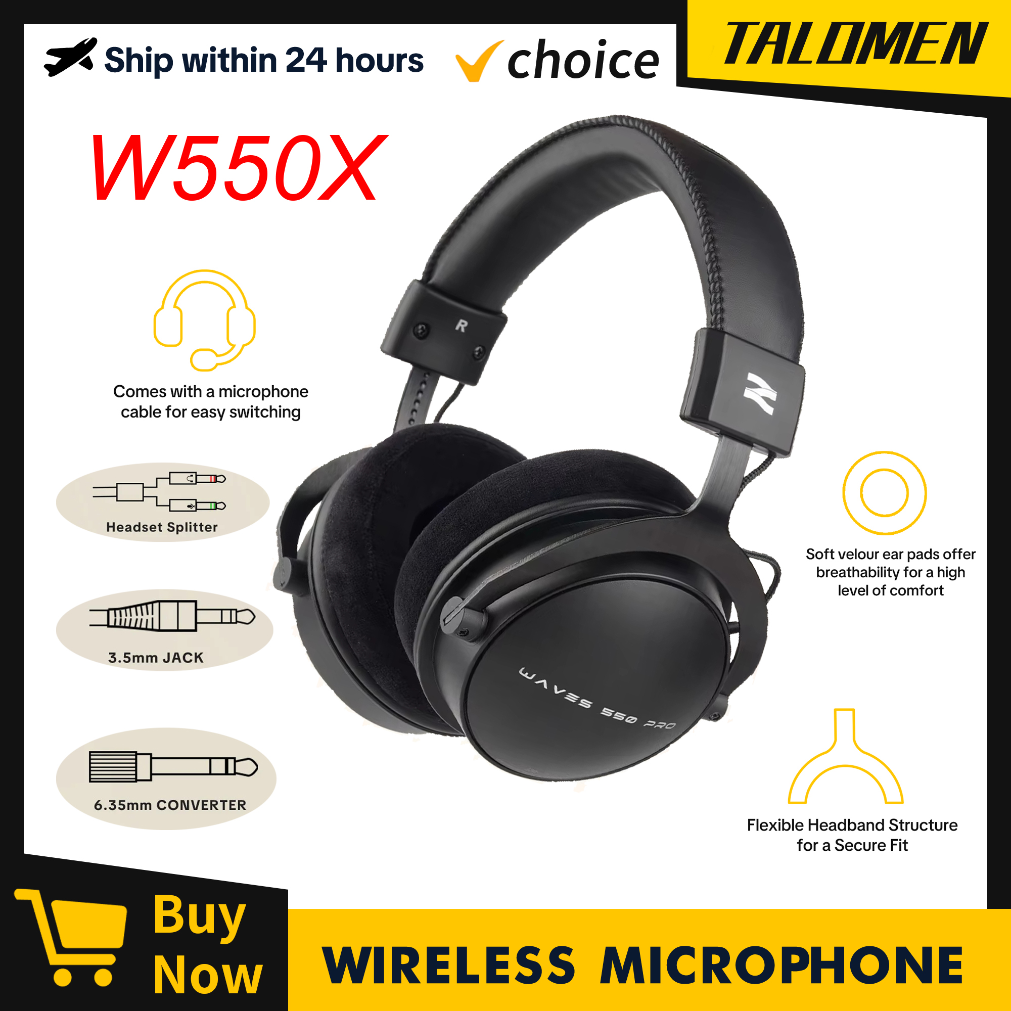 TALOMEN W550X コード付きスタジオヘッドフォン ステレオ プロフェッショナル DJ ヘッドフォン オーバーイヤーモニターヘッドフォン 取り外し可能なケーブル付き ギフト