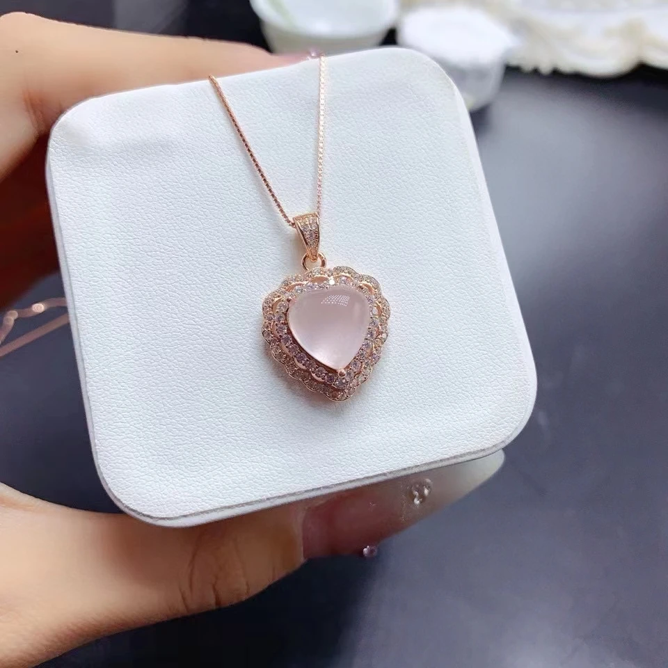 18K ゴールドメッキ本物のローズクォーツネックレスペンダント 10 ミリメートル聞く形状天然ローズクォーツペンダント 925 シルバー宝石ジュエリー