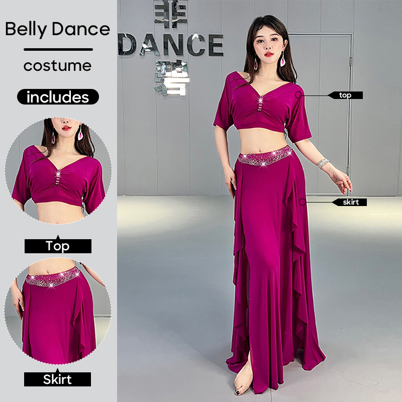 ベリーダンス ワークスーツ 練習服 トップスとスカート 2 点セット トレーニングスーツセット 大人女性用 ダンス ステージ パフォーマンス