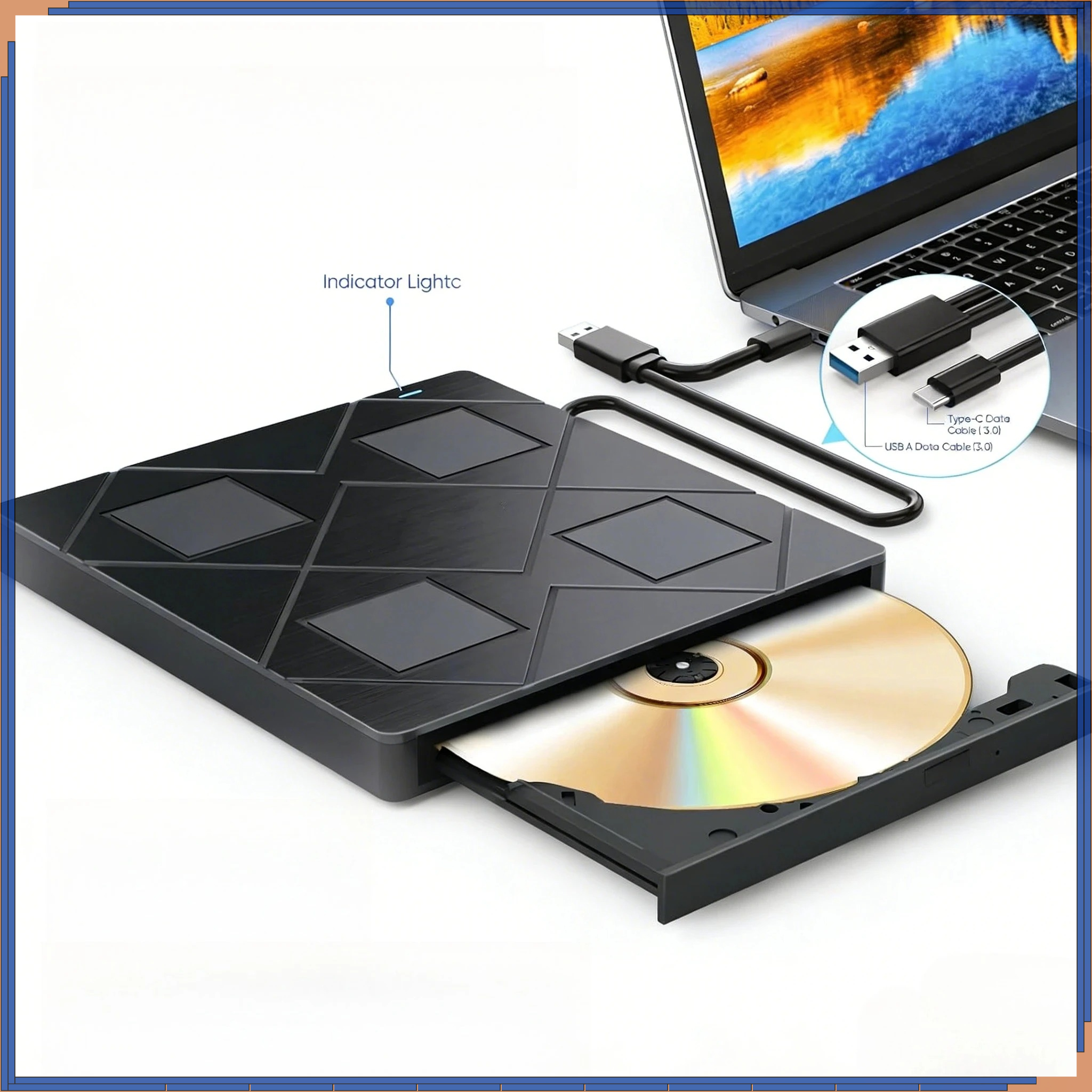 5 in 1 ポータブル外部 CD/DVD ドライブ、2 USB ポート TF/SD カード スロット、ラップトップ デスクトップ PC 用 USB 3.0 CD DVD /-RW バーナー プレーヤー