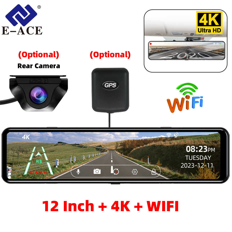 4Kバックミラー車DVRレコーダーサポートGPS WiFi 12インチタッチスクリーンHDナイトビジョンオプションデュアルレンズダッシュカム
