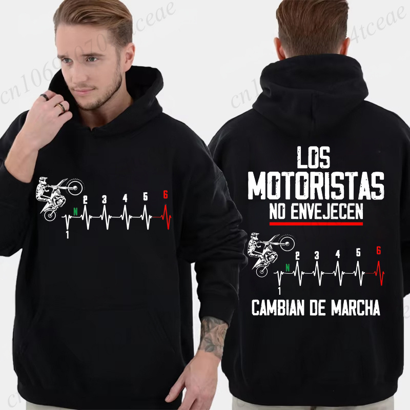 メンズスペインオートバイバイカーパーカー Los Motoristas No Envejecen プリントプルオーバーフード付きスウェットシャツフリースカジュアルアウターギフト