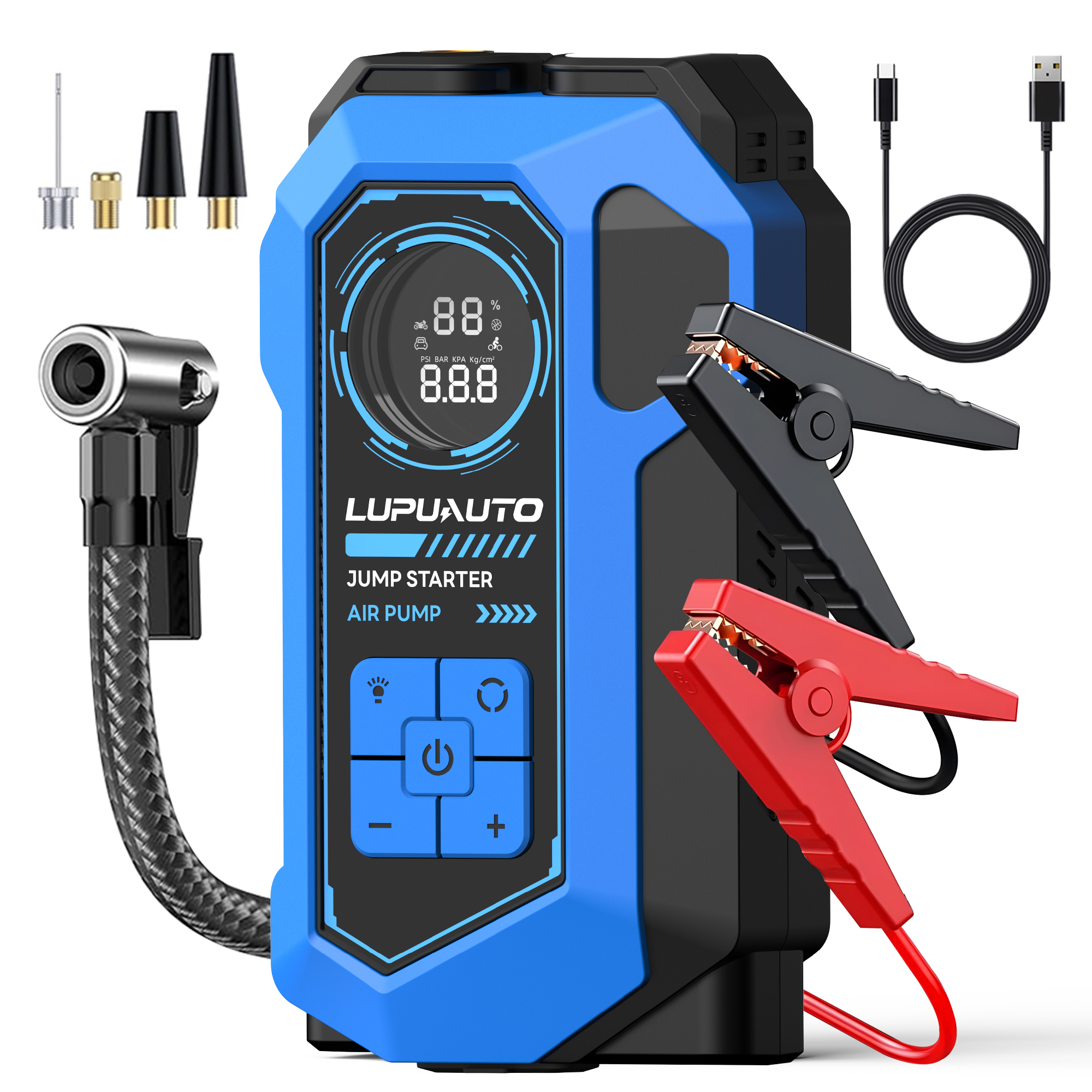 5000A 車用ジャンプスターター エアコンプレッサー付き 150PSI 自動タイヤインフレーター 大型LCDディスプレイ LEDライト 車 バイク用