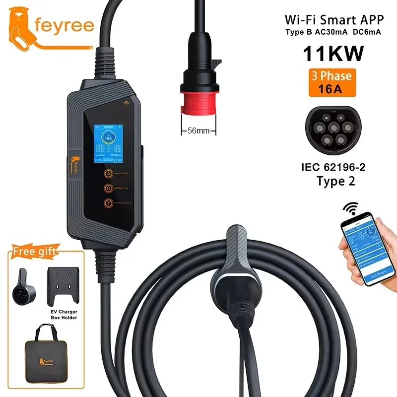 Feyree Type2 ケーブルポータブル EV 充電器 11KW 16A 3P 車の充電器 Wi-Fi APP 制御 EVSE 充電ボックス CEE プラグ電気自動車用