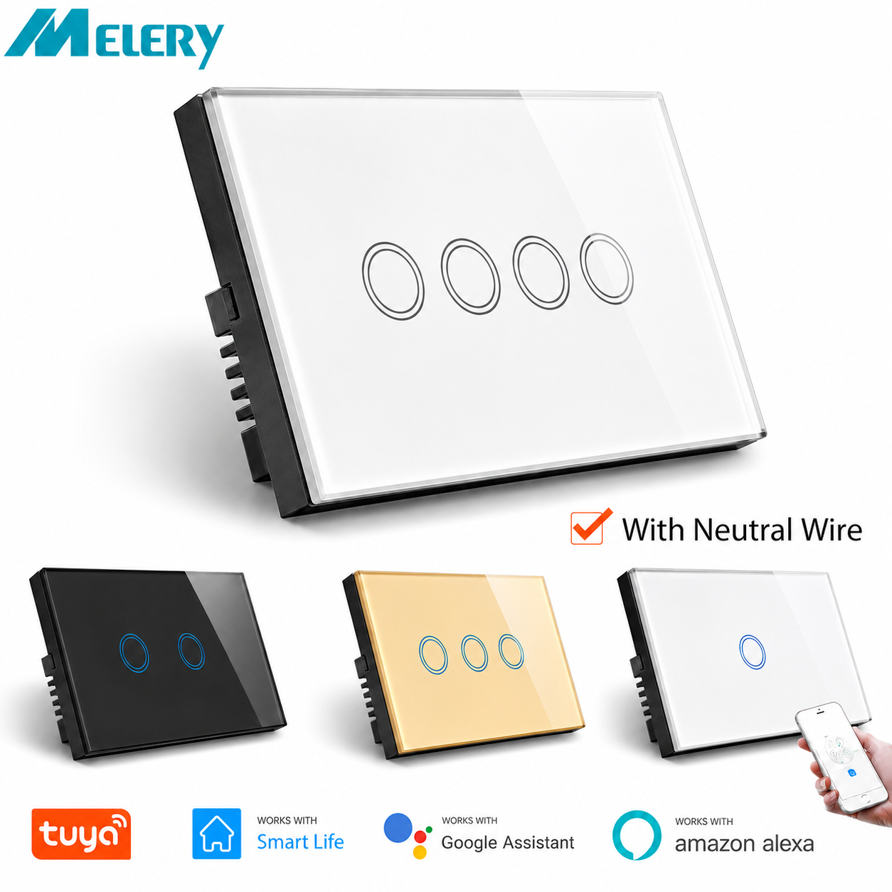 Melery Wifi スマート ライフ Tuya ライト ウォール スイッチ インタラプター ガラス タッチ パネル ワイヤレス音声リモコン by Alexa Google Home